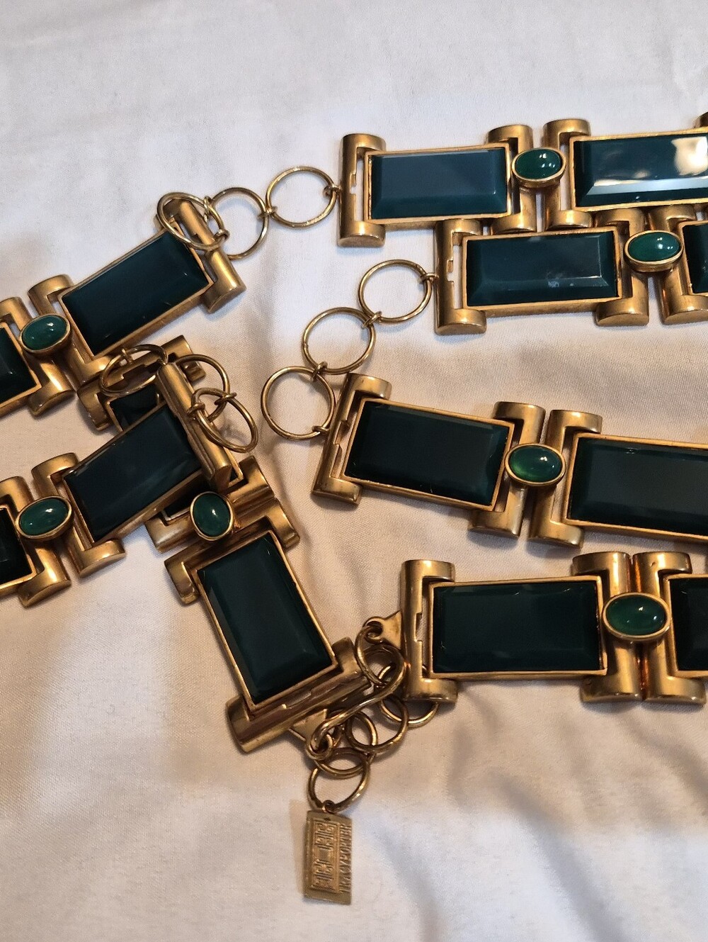 Tracy Porter Gold Tone Link Chain Belt Green Rectangle Bezel Stones Art XL